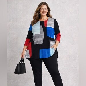 Alfani Women’s 2X High Low Colorblock Blouse Black Blue Red 3/4 Sleeve